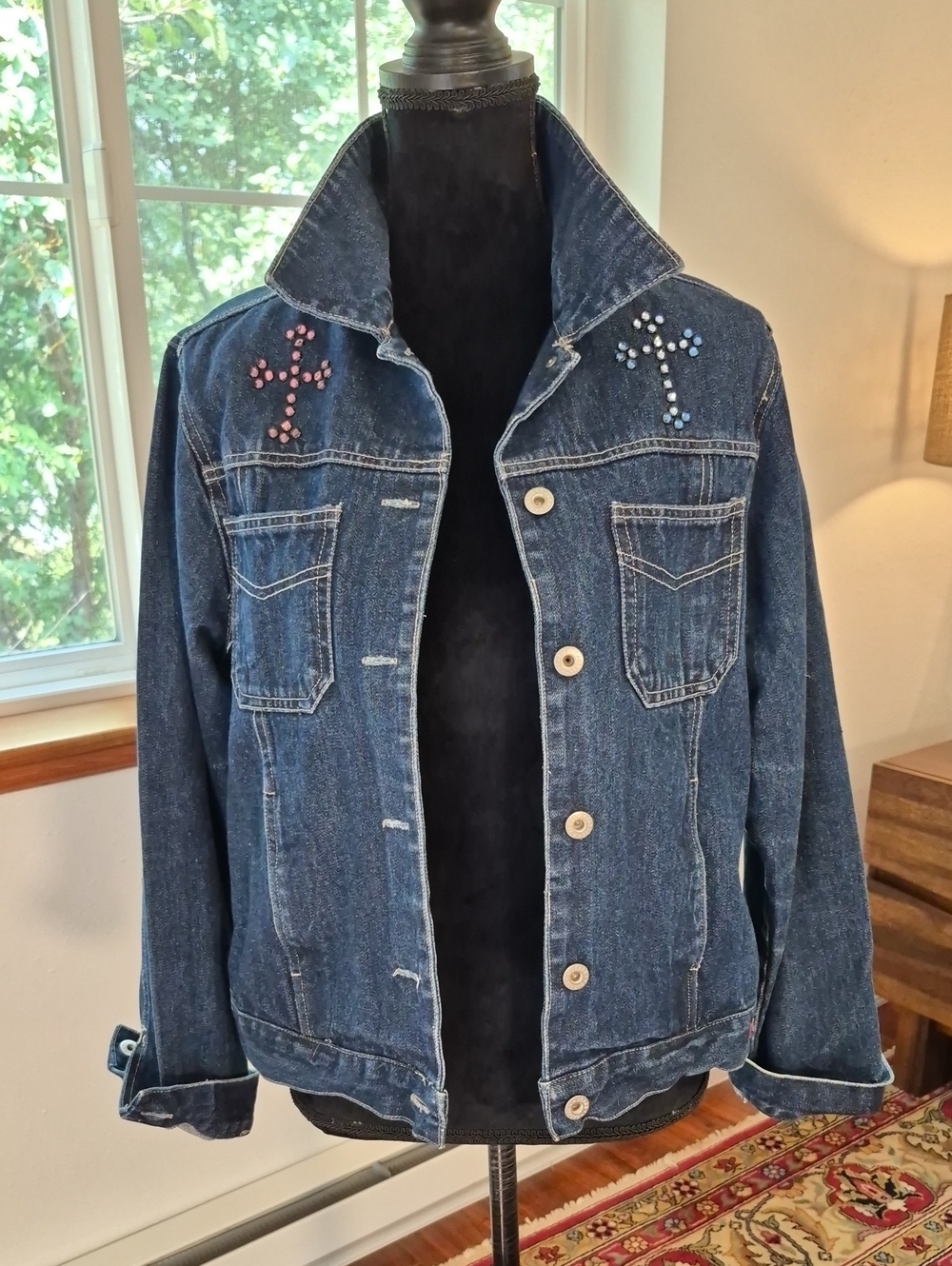 GARAGE 90s Denim Trucker Jacket With Rhinestone Crosses Indigo Large